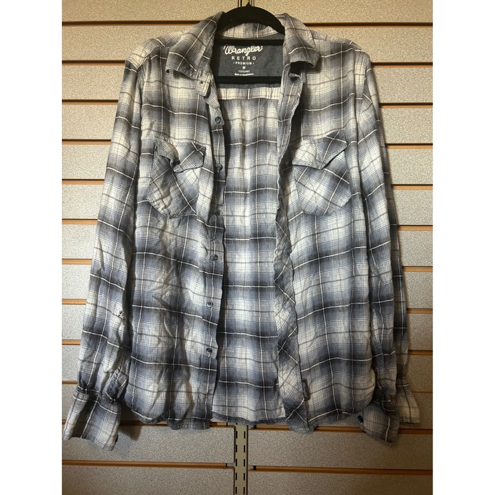 Wrangler Retro Premium Mens Plaid Button Down Shirt Blue Grey M 112327801